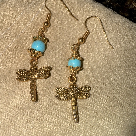 Gold plated dragonfly earrings with turquoise - Picture 2 of 3